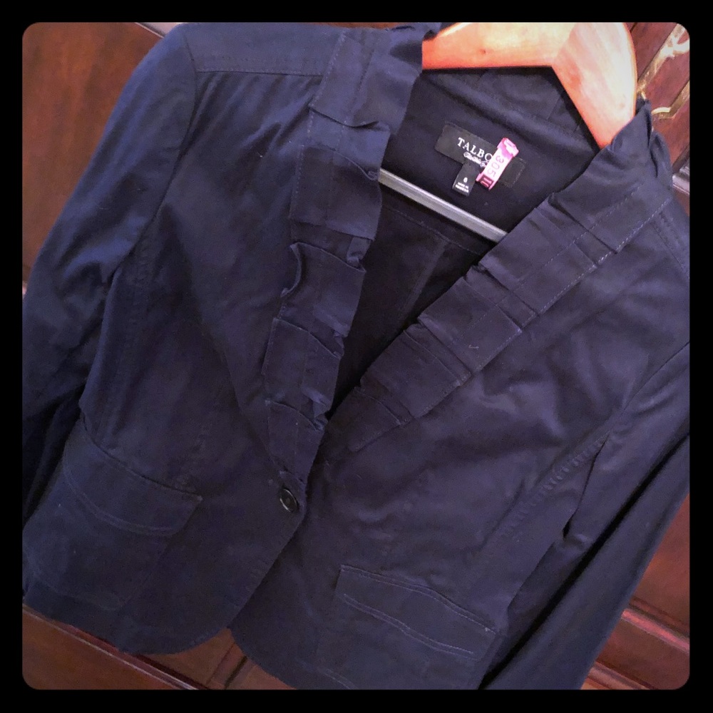 Talbots navy blazer with pleated collar detail